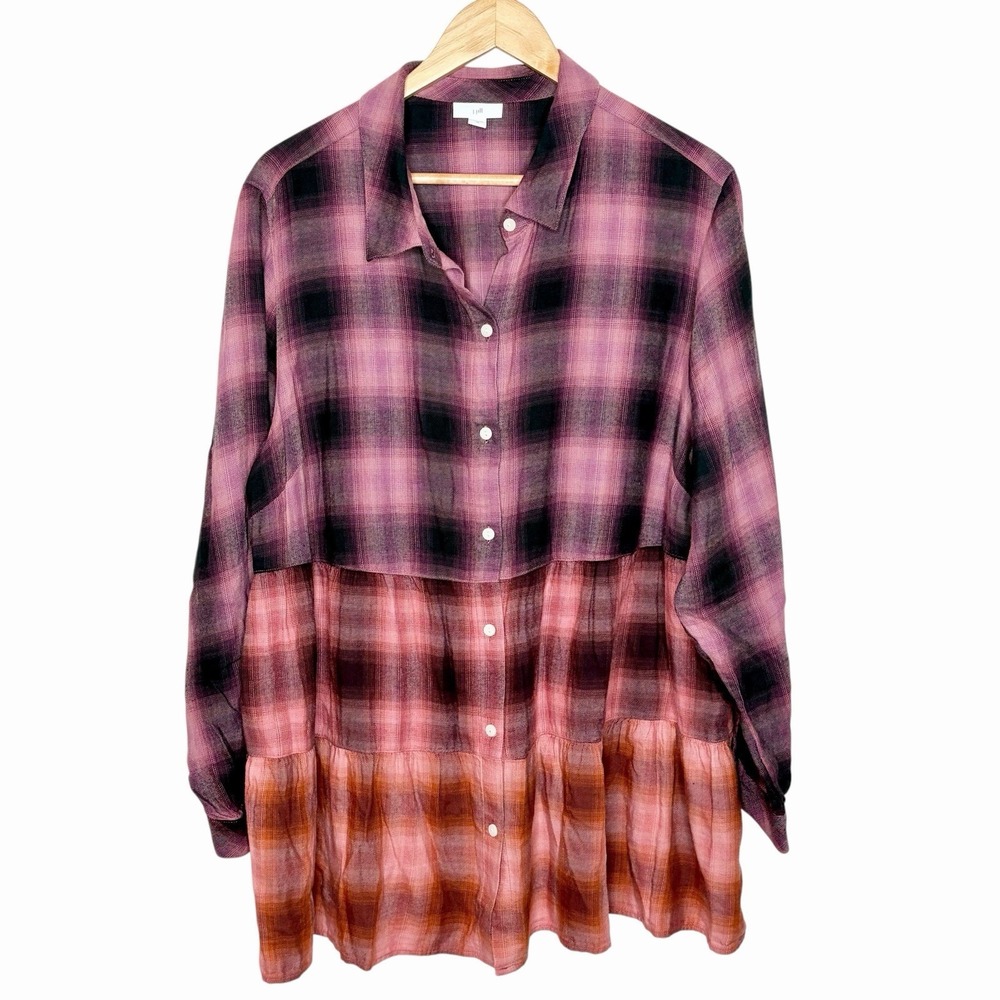 J Jill Ruffled Plaid Tunic Shirt Womens XL Tiered Boho Grunge Button Up Granola